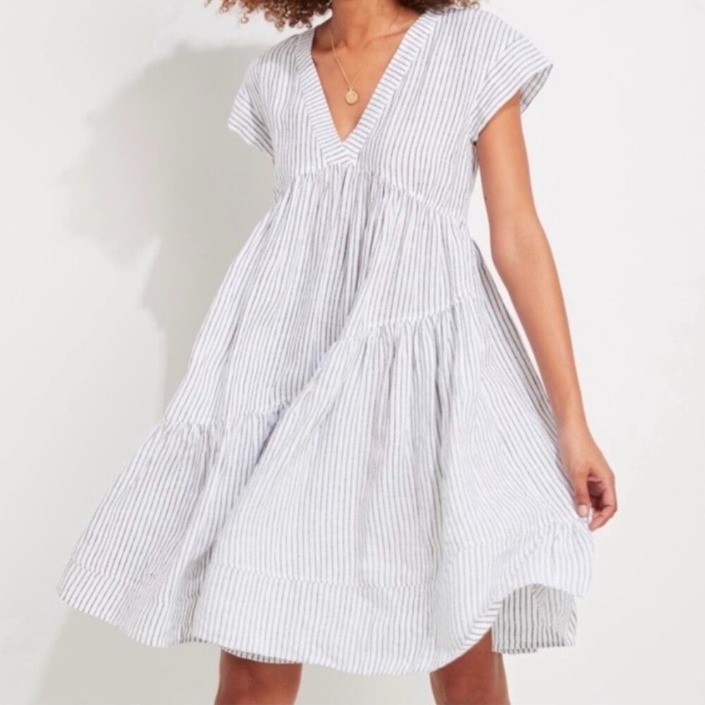 Vineyard Vines Jet Stripe 100% Linen Tiered Dress White Striped XS - Picture 2 of 14
